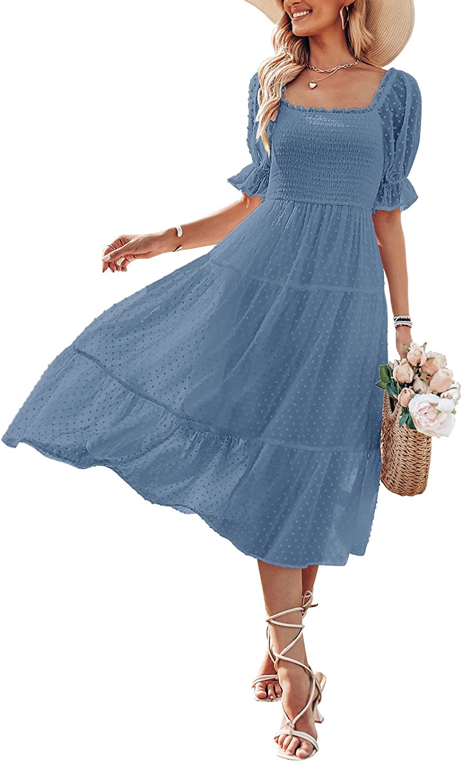 Women's Square Neck Puff Sleeve Boho Midi Dress CD436