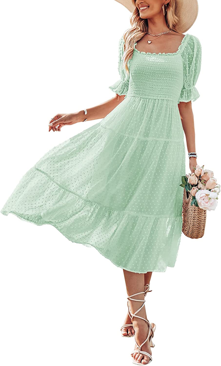 Women's Square Neck Puff Sleeve Boho Midi Dress CD436