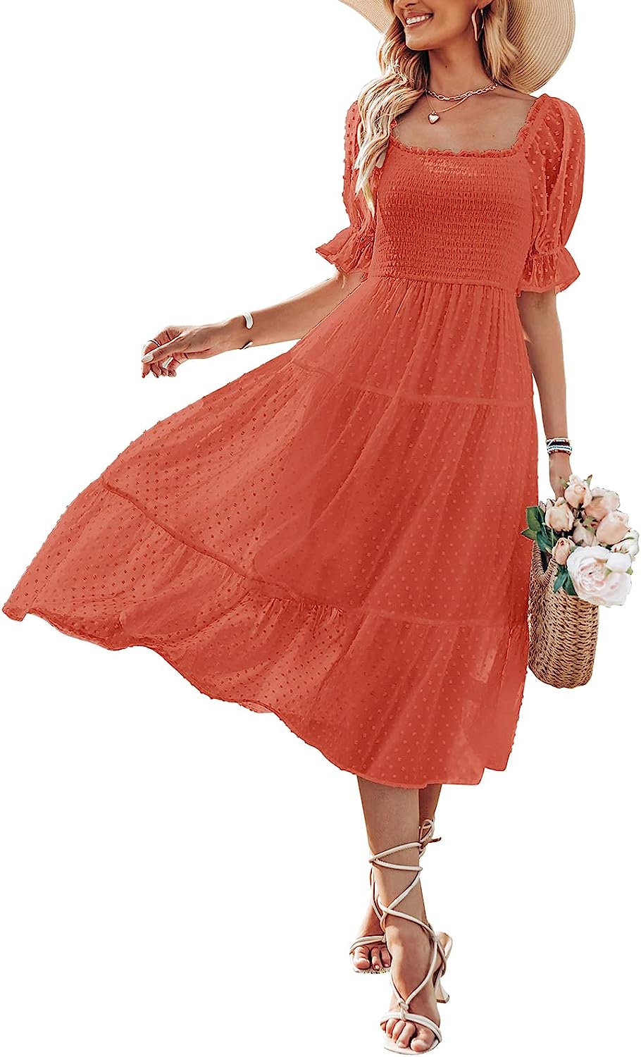 Women's Square Neck Puff Sleeve Boho Midi Dress CD436