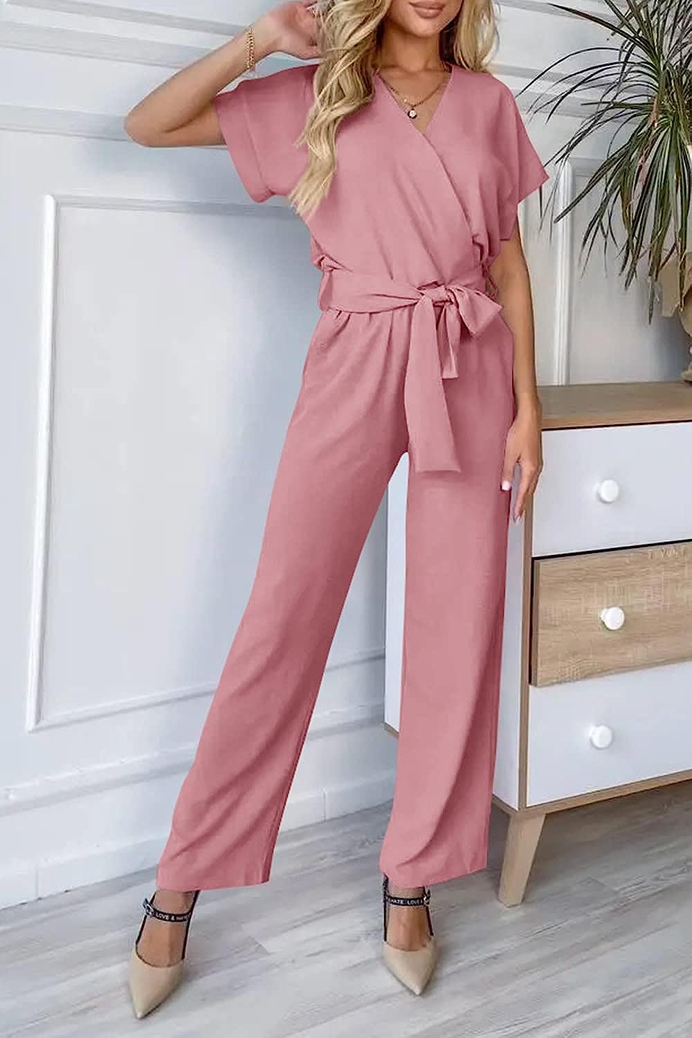 Women's Wrap V Neck Belted Wide Leg Pants Jumpsuit CD467