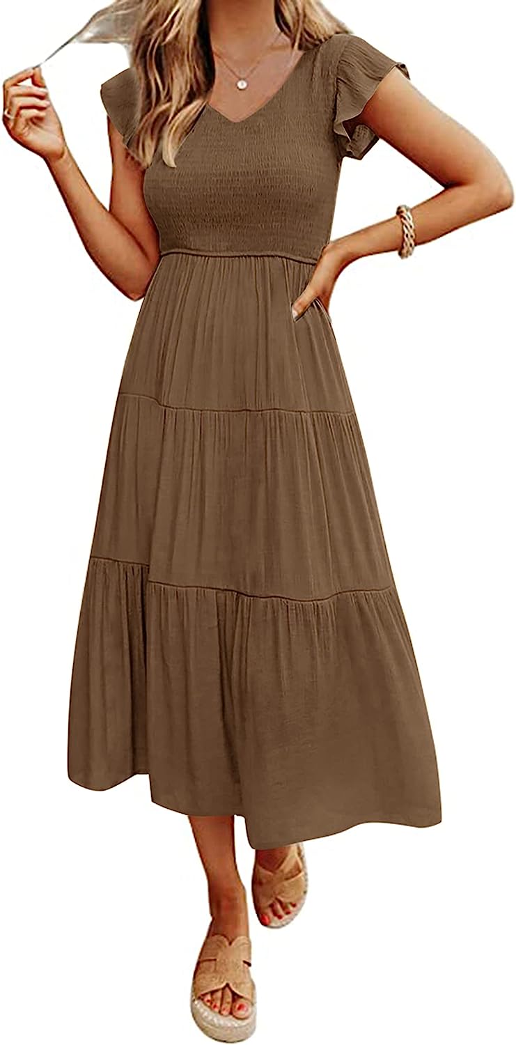 Women's Flutter Sleeve Smocked Midi Dress with Pockets CD437