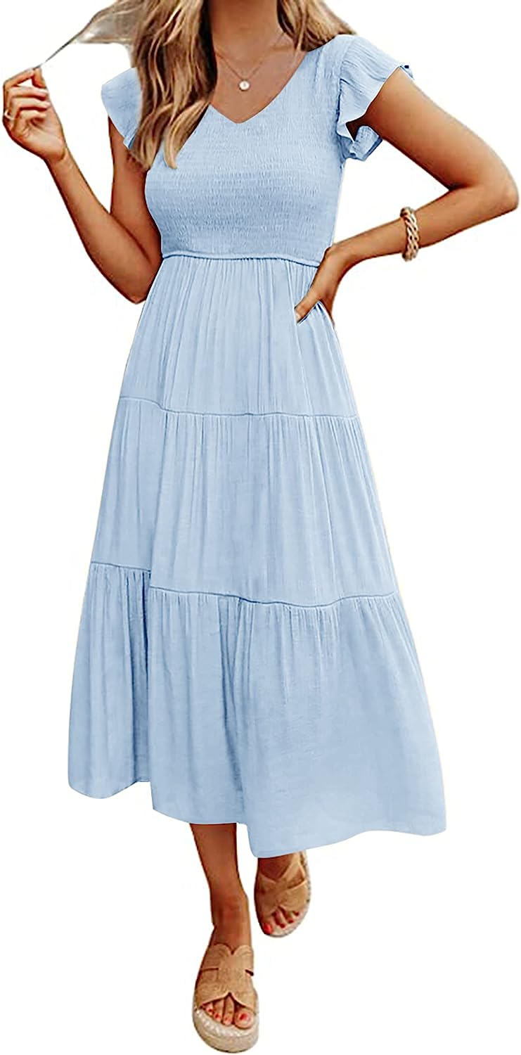 Women's Flutter Sleeve Smocked Midi Dress with Pockets CD447