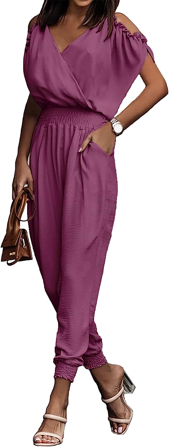 Wrap V Neck Cold Shoulder One Piece Jumpsuit CD476