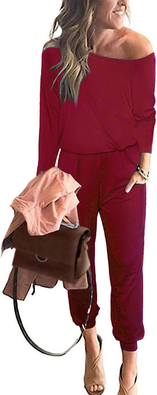 Women's Crewneck Off Shoulder Stretchy Jumpsuit CD462