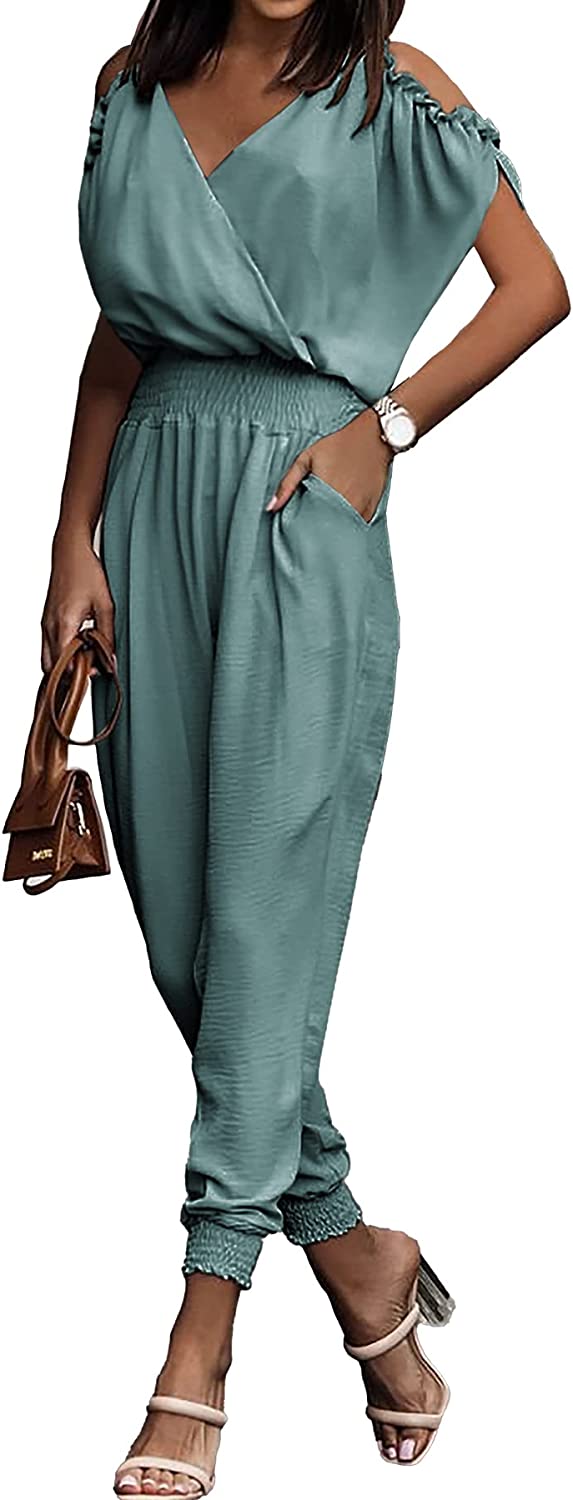 Wrap V Neck Cold Shoulder One Piece Jumpsuit CD476
