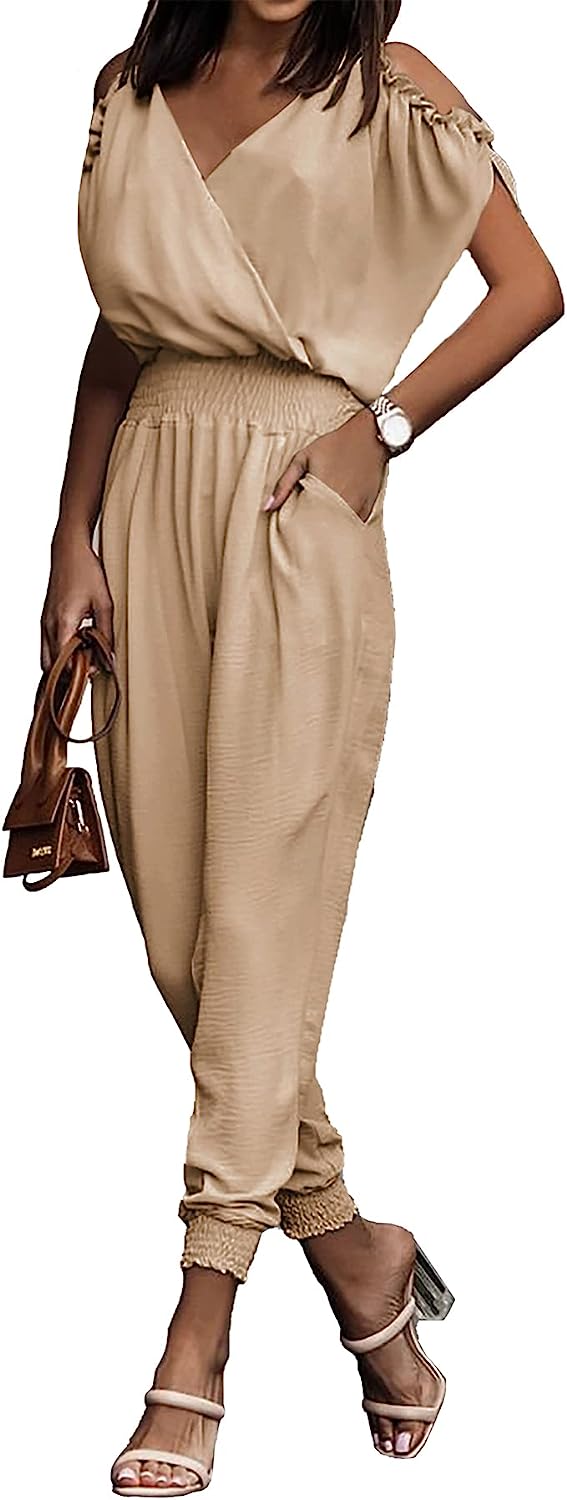 Wrap V Neck Cold Shoulder One Piece Jumpsuit CD476