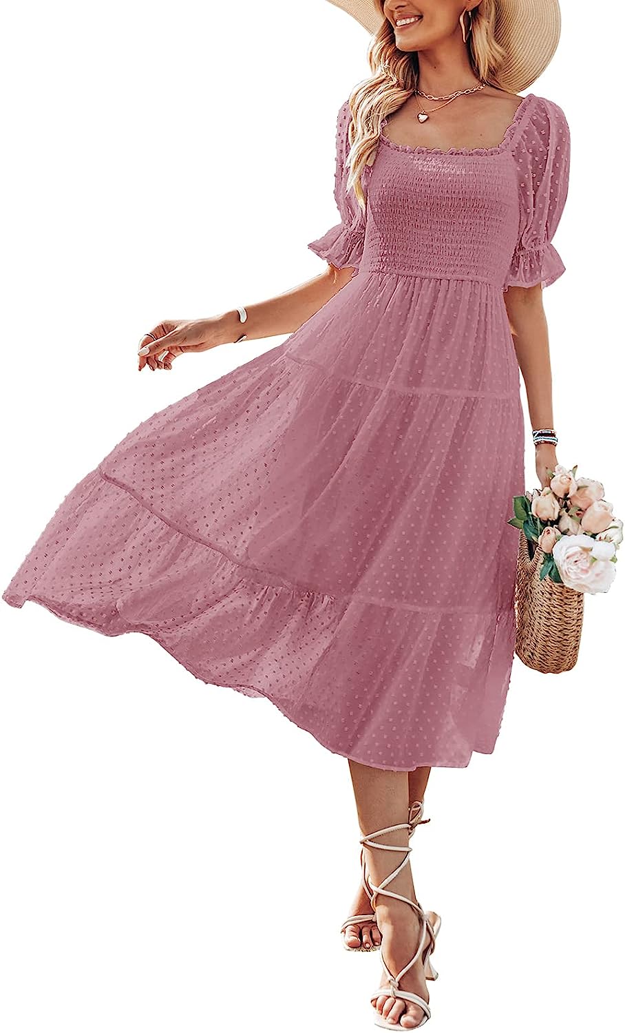Women's Square Neck Puff Sleeve Boho Midi Dress CD436