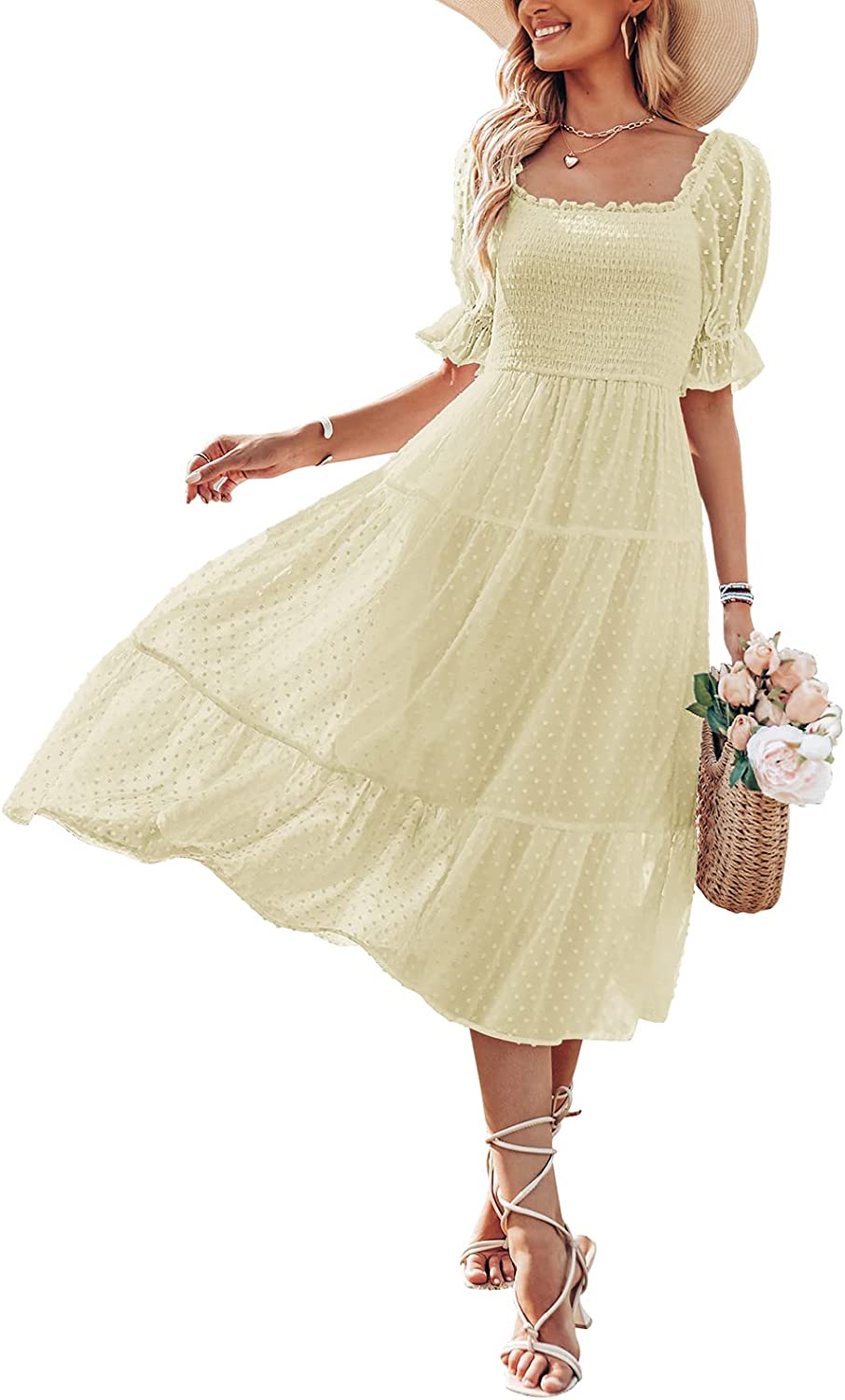 Women's Square Neck Puff Sleeve Boho Midi Dress CD436