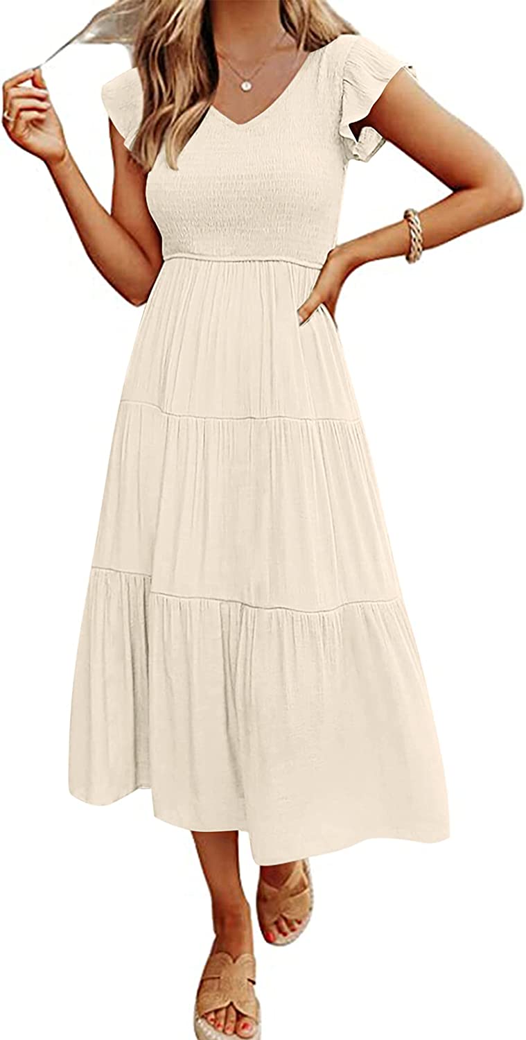 Women's Flutter Sleeve Smocked Midi Dress with Pockets CD442