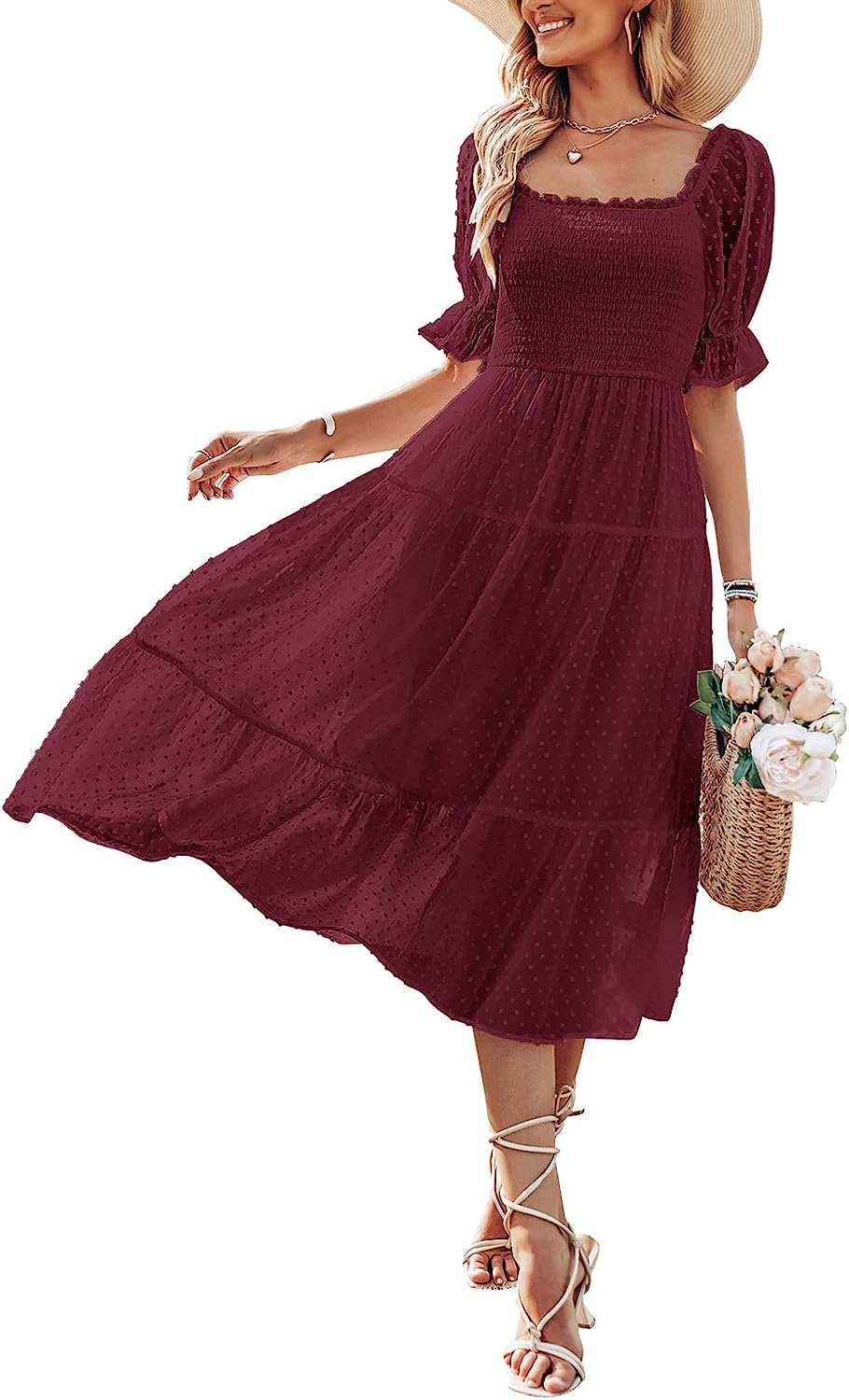 Women's Square Neck Puff Sleeve Boho Midi Dress CD436