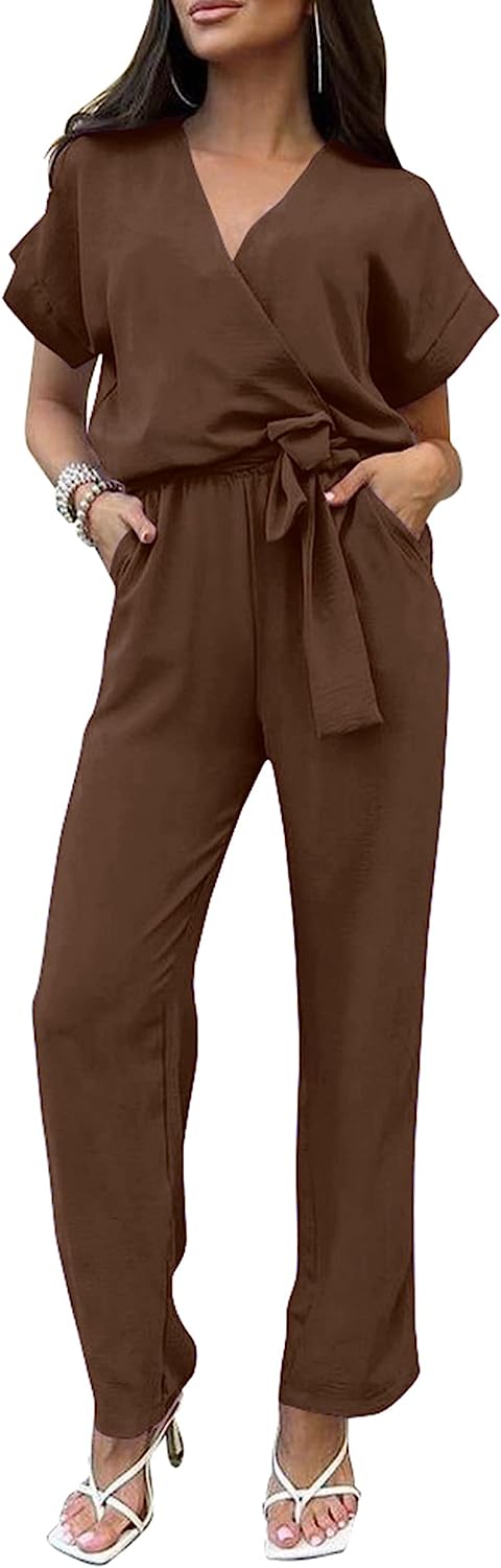 Women's Wrap V Neck Belted Wide Leg Pants Jumpsuit CD467