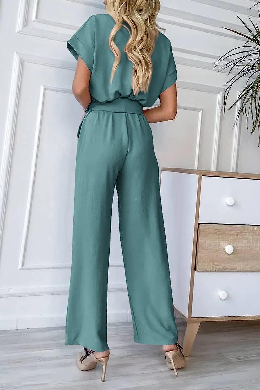 Women's Wrap V Neck Belted Wide Leg Pants Jumpsuit CD467