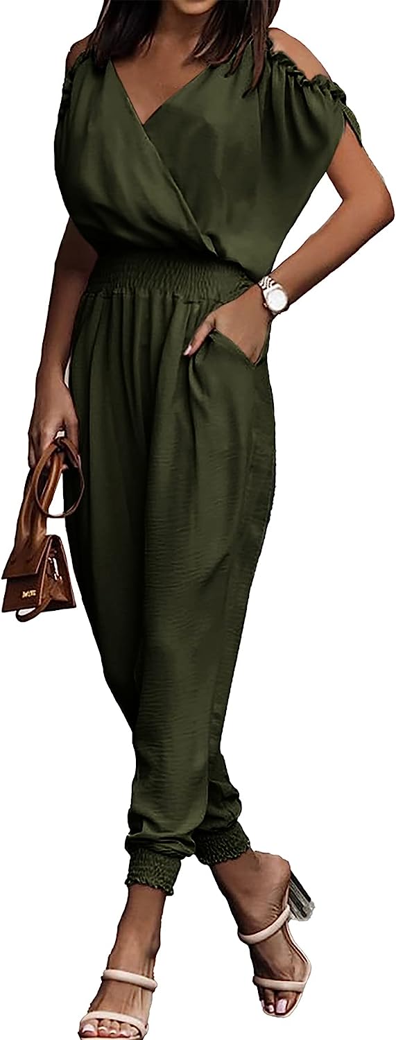 Wrap V Neck Cold Shoulder One Piece Jumpsuit CD476