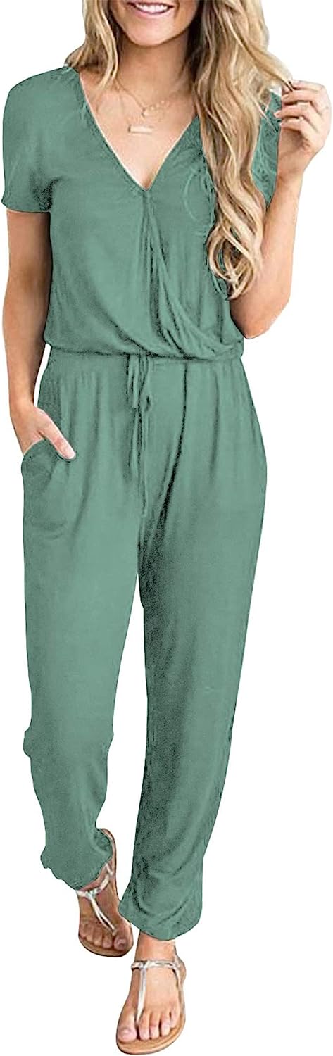 Women's Deep V Neck Drawstring Waist Jumpsuit CD496