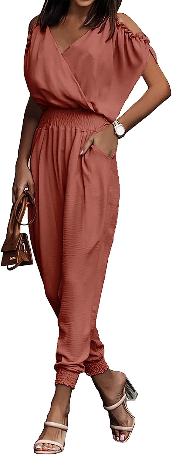 Wrap V Neck Cold Shoulder One Piece Jumpsuit CD476