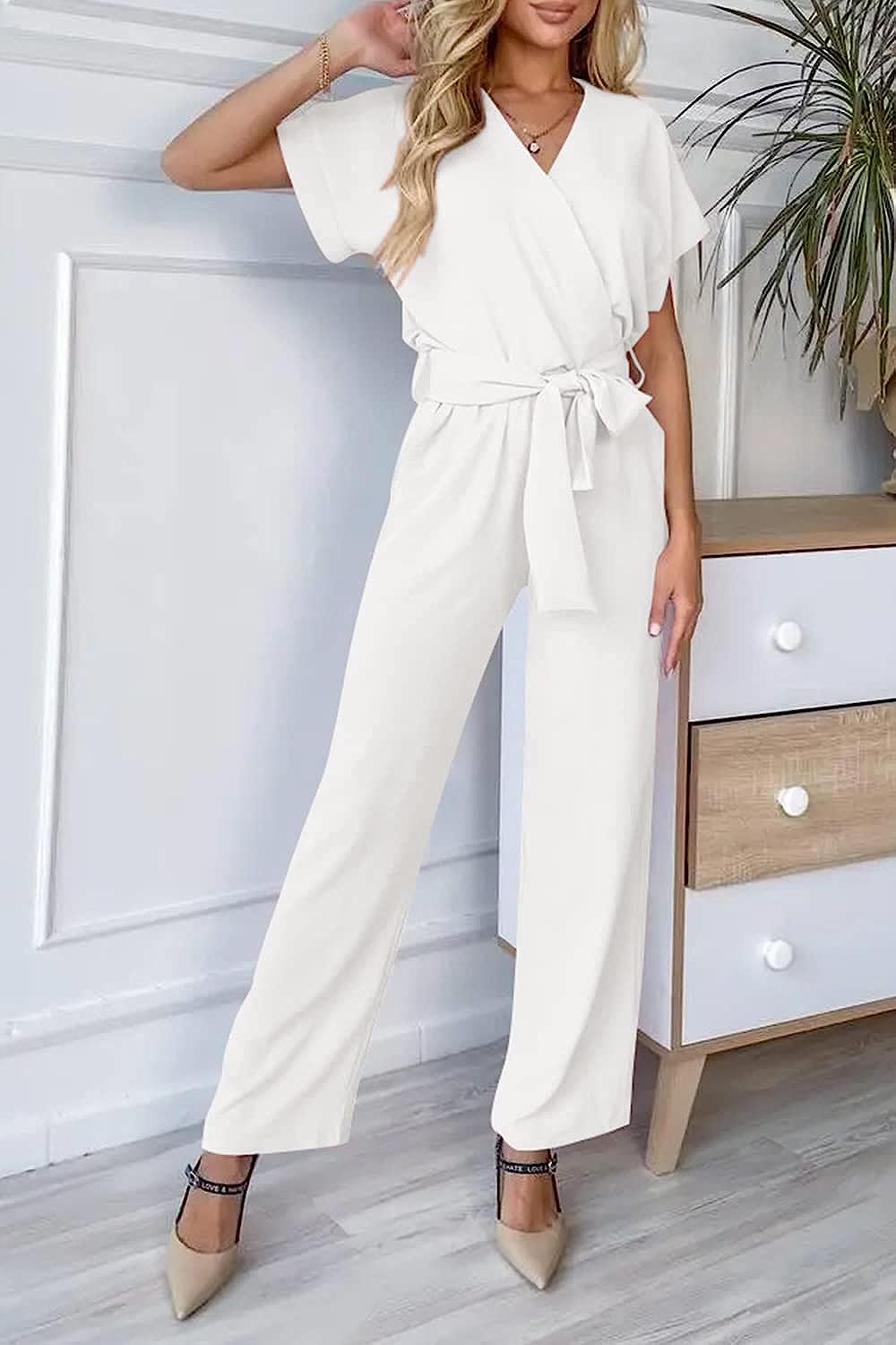 Women's Wrap V Neck Belted Wide Leg Pants Jumpsuit CD467