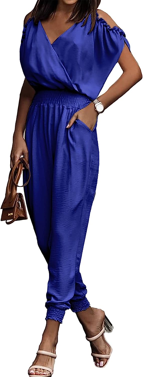 Wrap V Neck Cold Shoulder One Piece Jumpsuit CD476