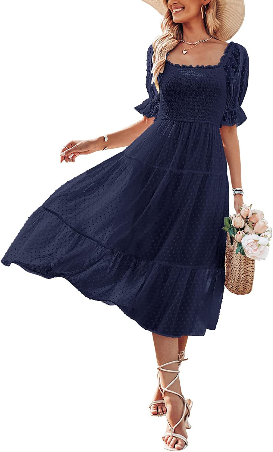 Women's Square Neck Puff Sleeve Boho Midi Dress CD436