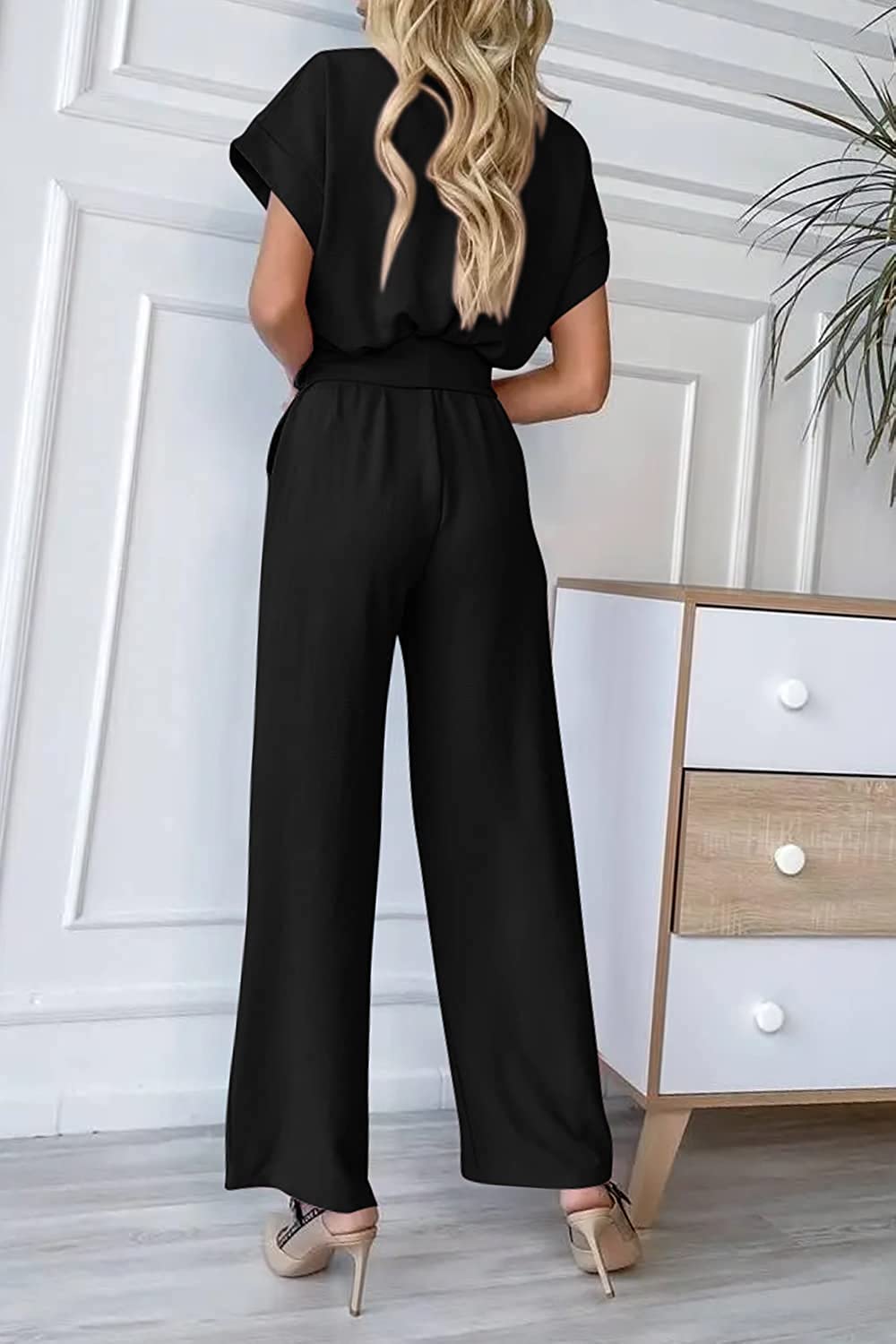 Women's Short Sleeve Belted Wide Leg Pants Jumpsuit CD468