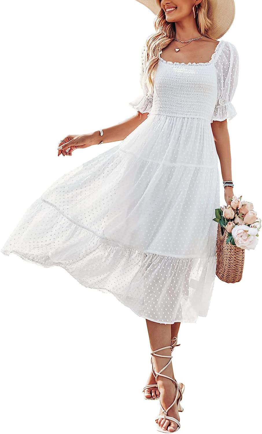 Women's Square Neck Puff Sleeve Boho Midi Dress CD436