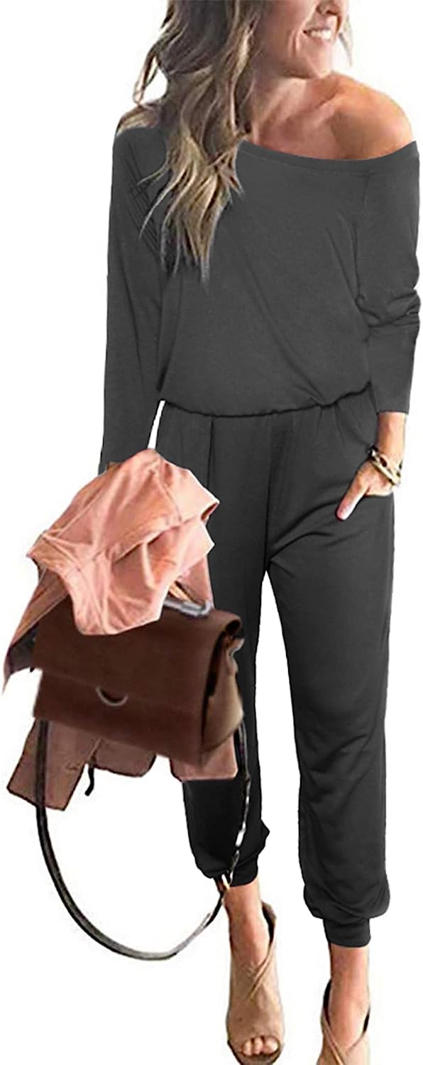 Women's Crewneck Off Shoulder Stretchy Jumpsuit CD462