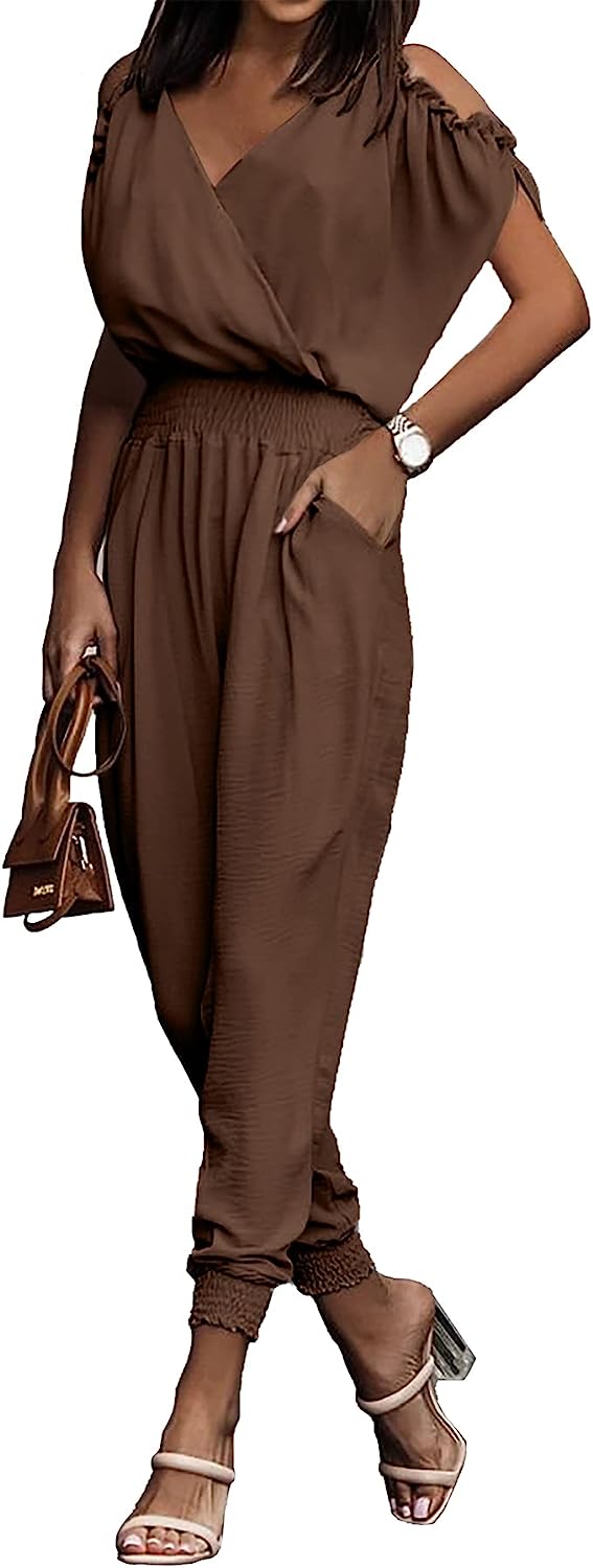Wrap V Neck Cold Shoulder One Piece Jumpsuit CD476