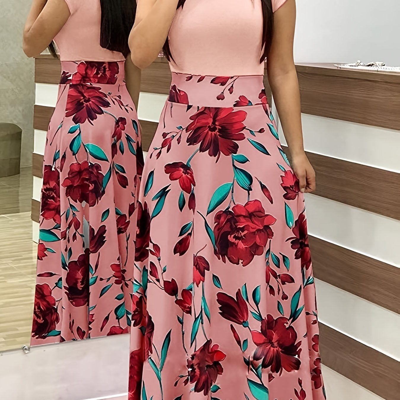 Printed Splicing Crew Neck Slim Waist Pleated Maxi Dress CD178