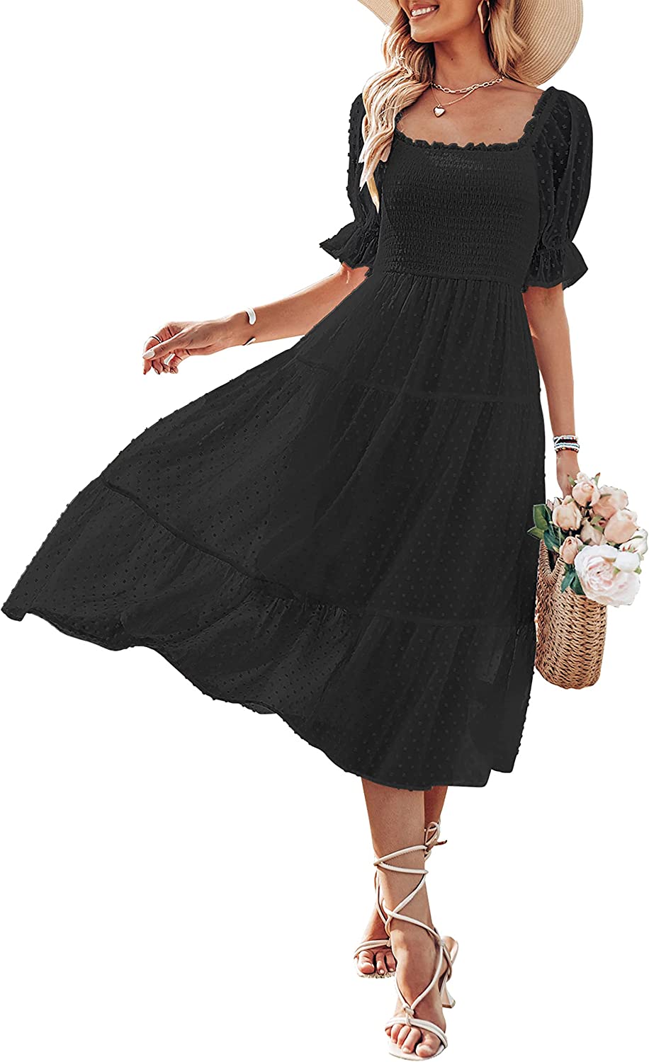 Women's Square Neck Puff Sleeve Boho Midi Dress CD436