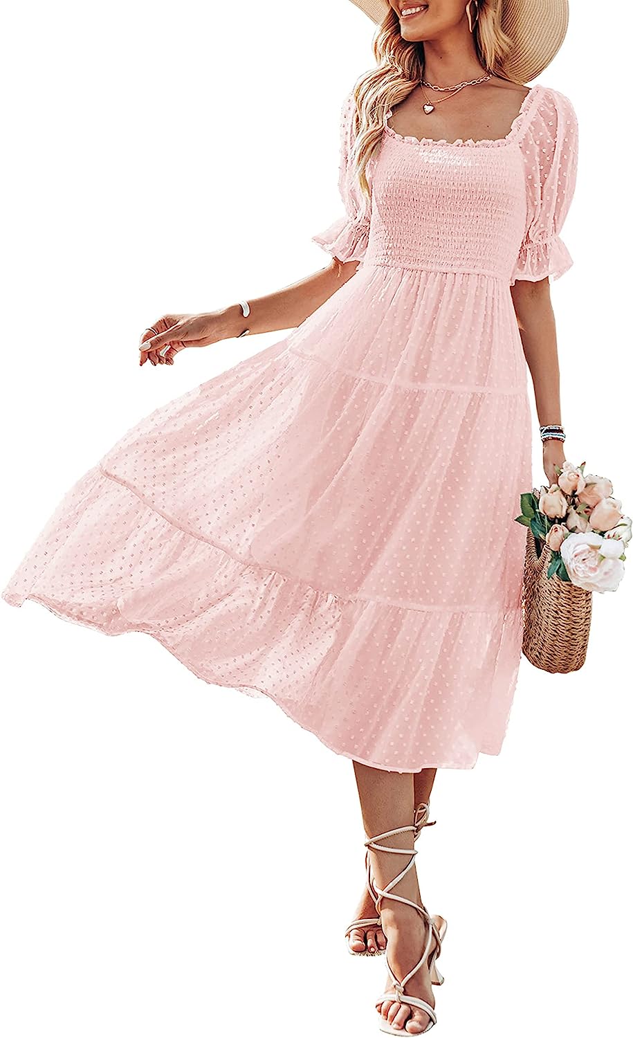 Women's Square Neck Puff Sleeve Boho Midi Dress CD436