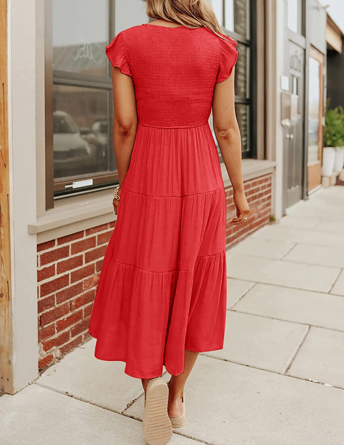 Women's Flutter Sleeve Smocked Midi Dress with Pockets CD442