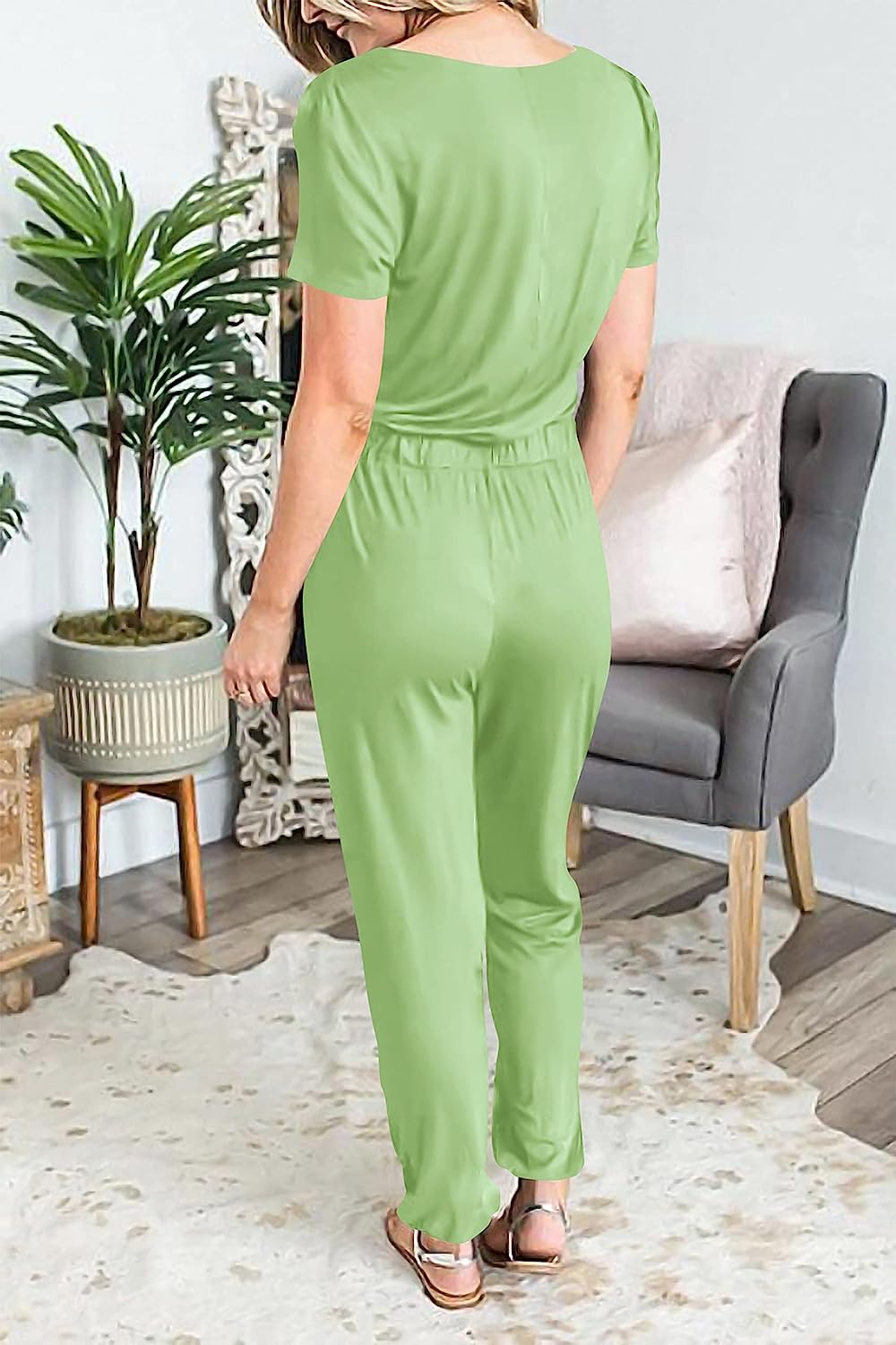 Women's Deep V Neck Drawstring Waist Jumpsuit CD496
