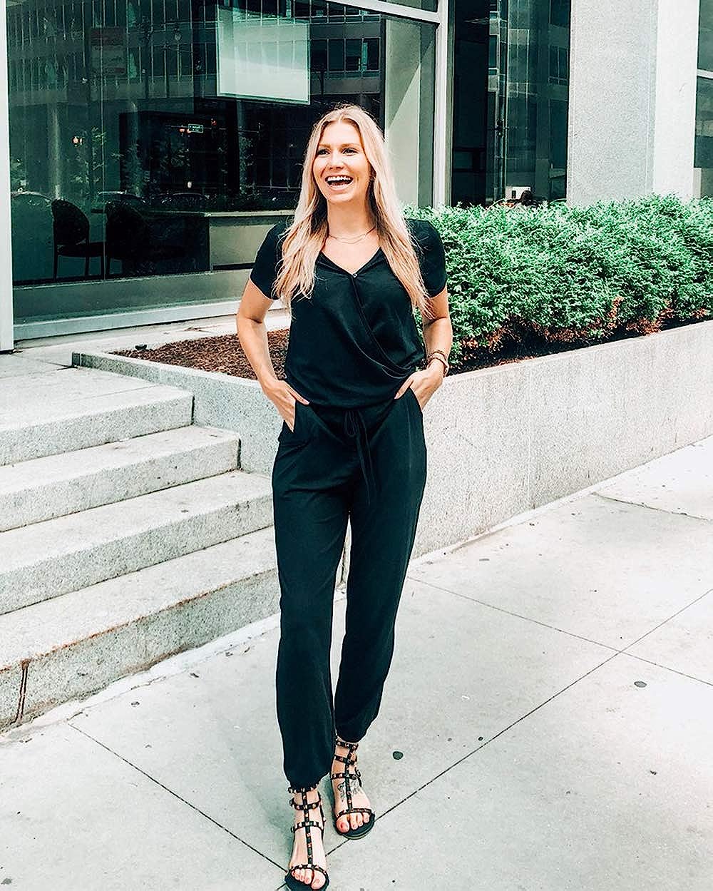 Women's Deep V Neck Short Sleeve Drawstring Jumpsuit CD463