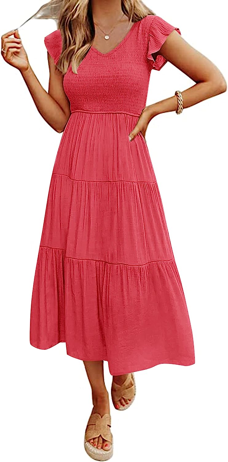 Women's Flutter Sleeve Smocked Midi Dress with Pockets CD437