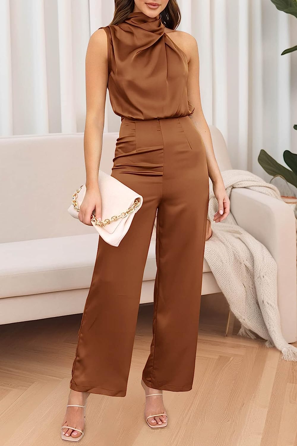 Women's One Piece Mock Neck Wide Leg Jumpsuit CD471