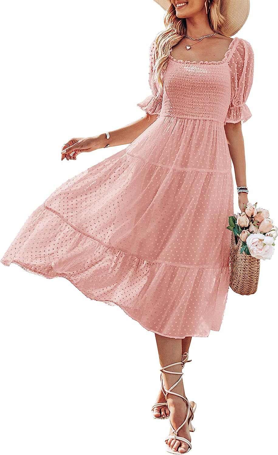Women's Square Neck Puff Sleeve Boho Midi Dress CD436