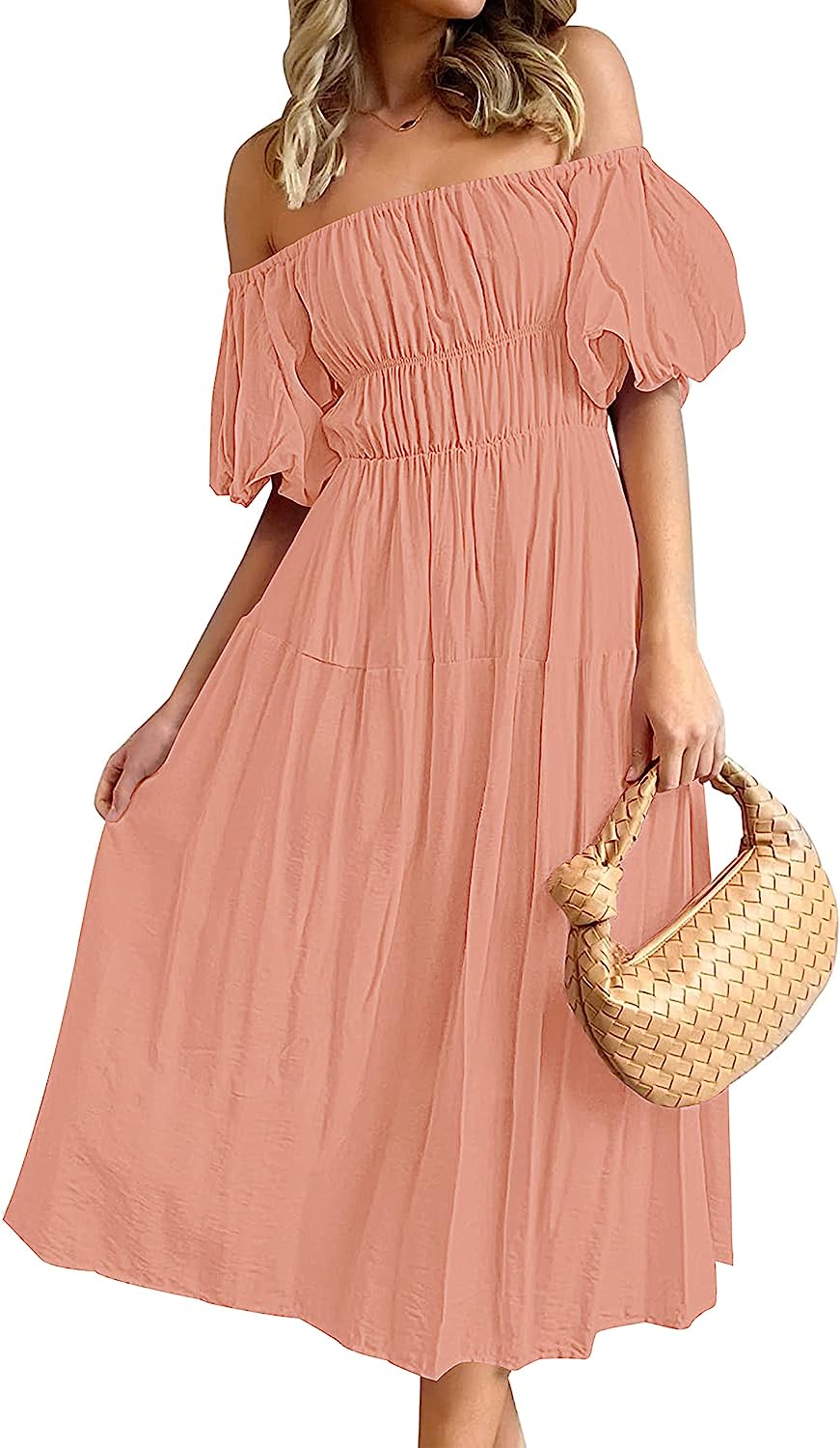 Women's Puff Sleeve Off Shoulder Summer Midi Dress CD446