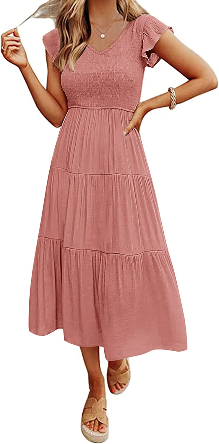 Women's Flutter Sleeve Smocked Midi Dress with Pockets CD437