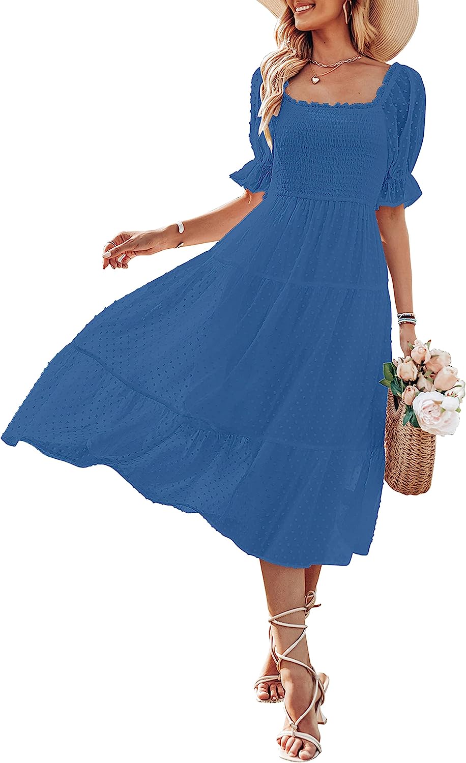 Women's Square Neck Puff Sleeve Boho Midi Dress CD436