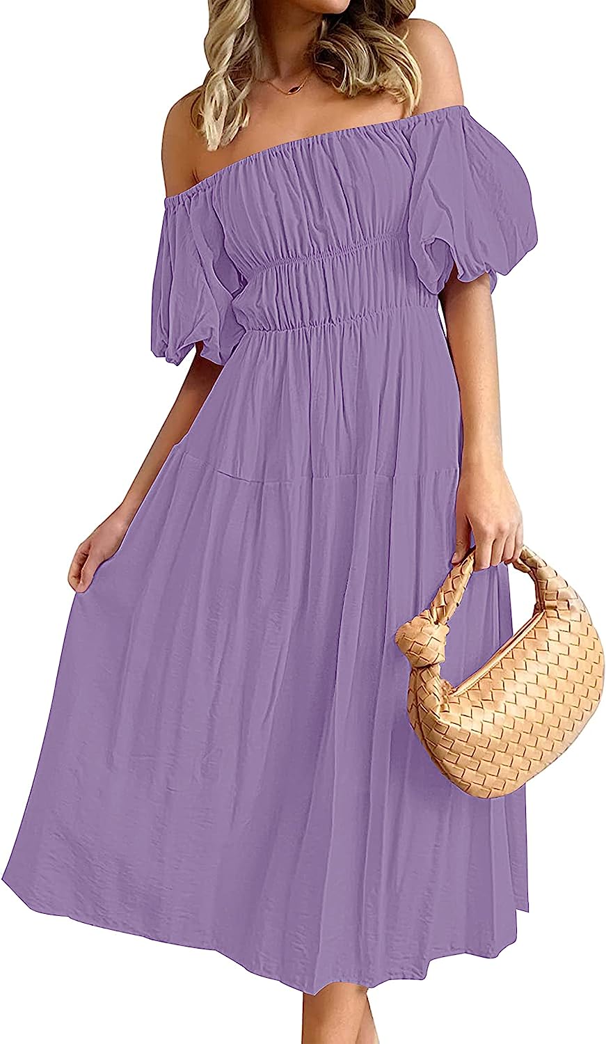 Women's Puff Sleeve Off Shoulder Summer Midi Dress CD446