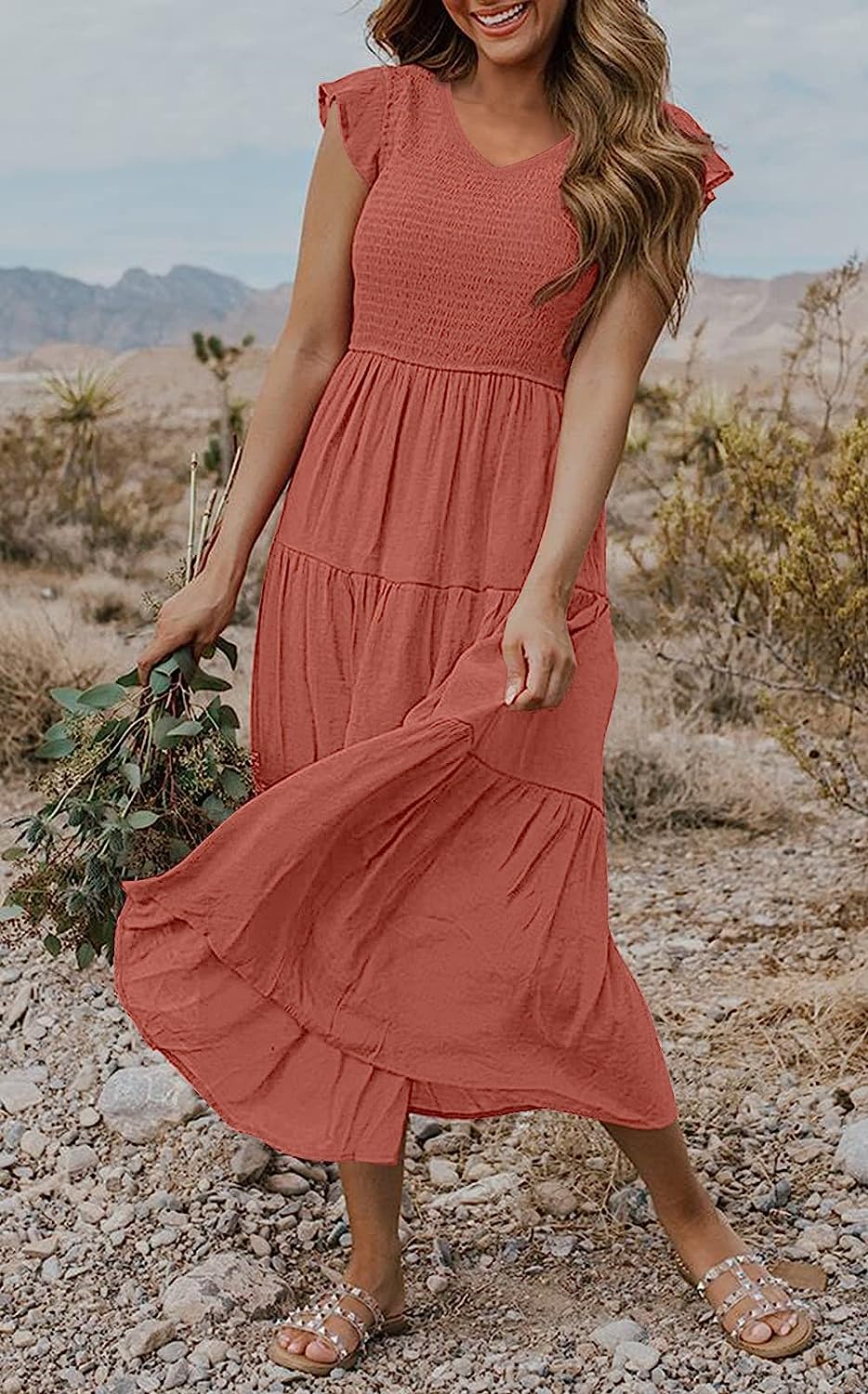 Women's Flutter Sleeve Smocked Midi Dress with Pockets CD442