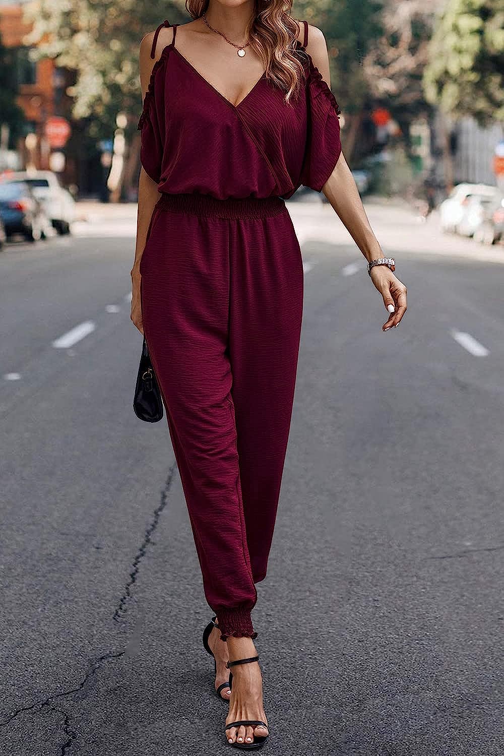Wrap V Neck Cold Shoulder One Piece Jumpsuit CD476