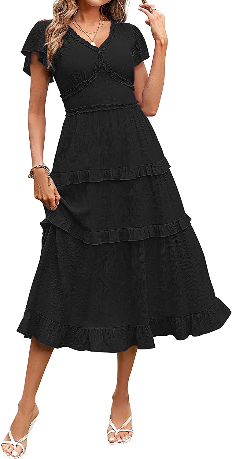 Womens V Neck Flutter Sleeve Ruffle Tiered Midi Dress CD449