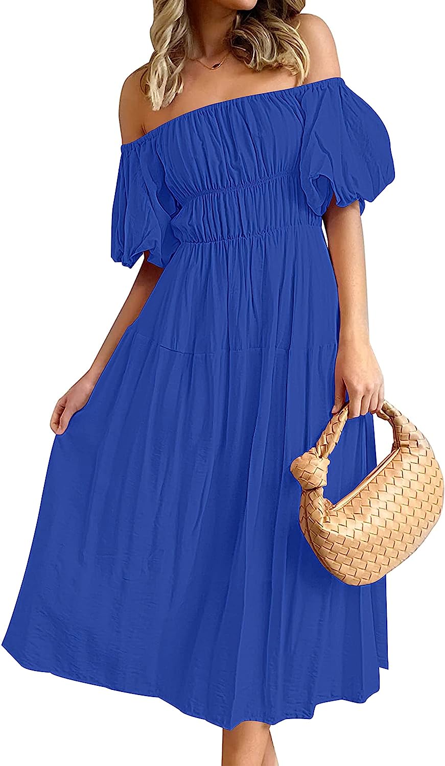 Women's Puff Sleeve Off Shoulder Summer Midi Dress CD446