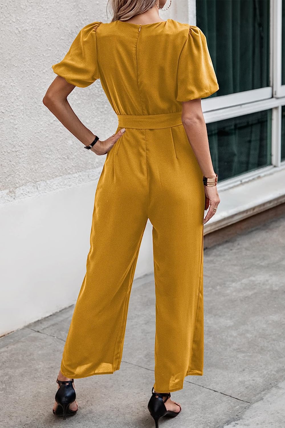 Women's Short Puff Sleeve Wide Leg Pants Jumpsuits CD461