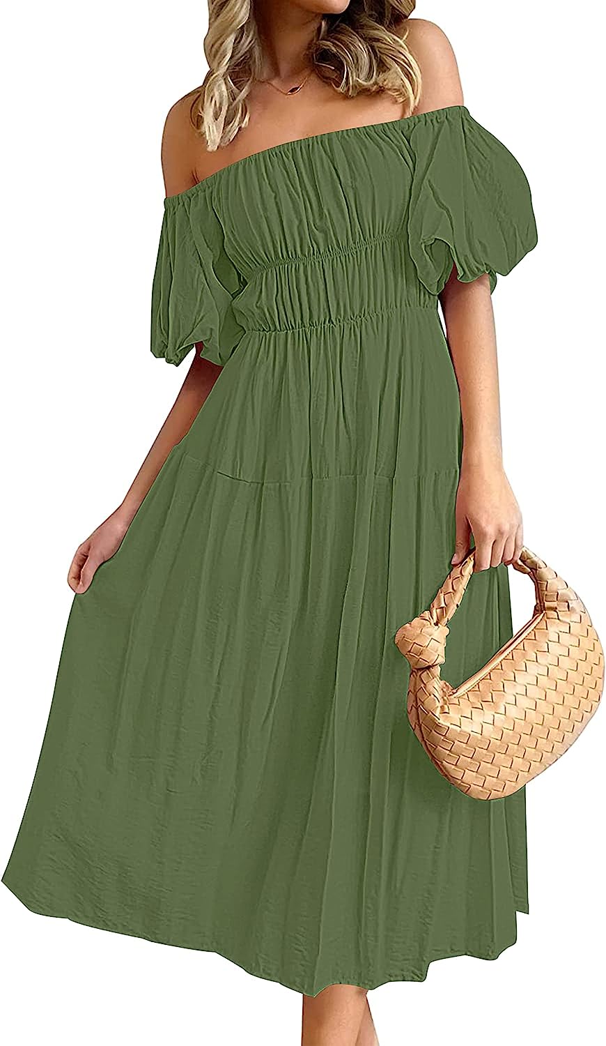 Women's Puff Sleeve Off Shoulder Summer Midi Dress CD446