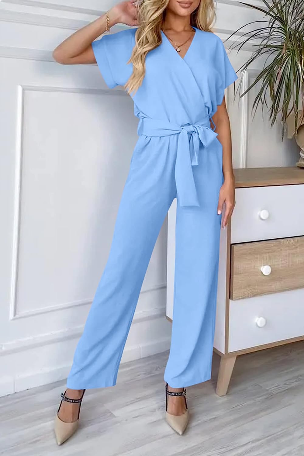 Women's Wrap V Neck Belted Wide Leg Pants Jumpsuit CD467