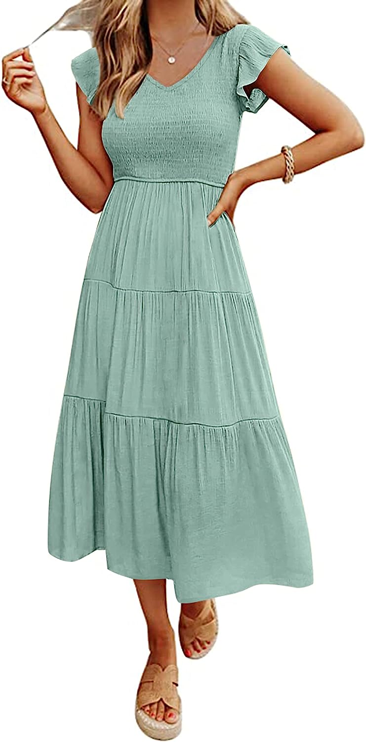 Women's Flutter Sleeve Smocked Midi Dress with Pockets CD442