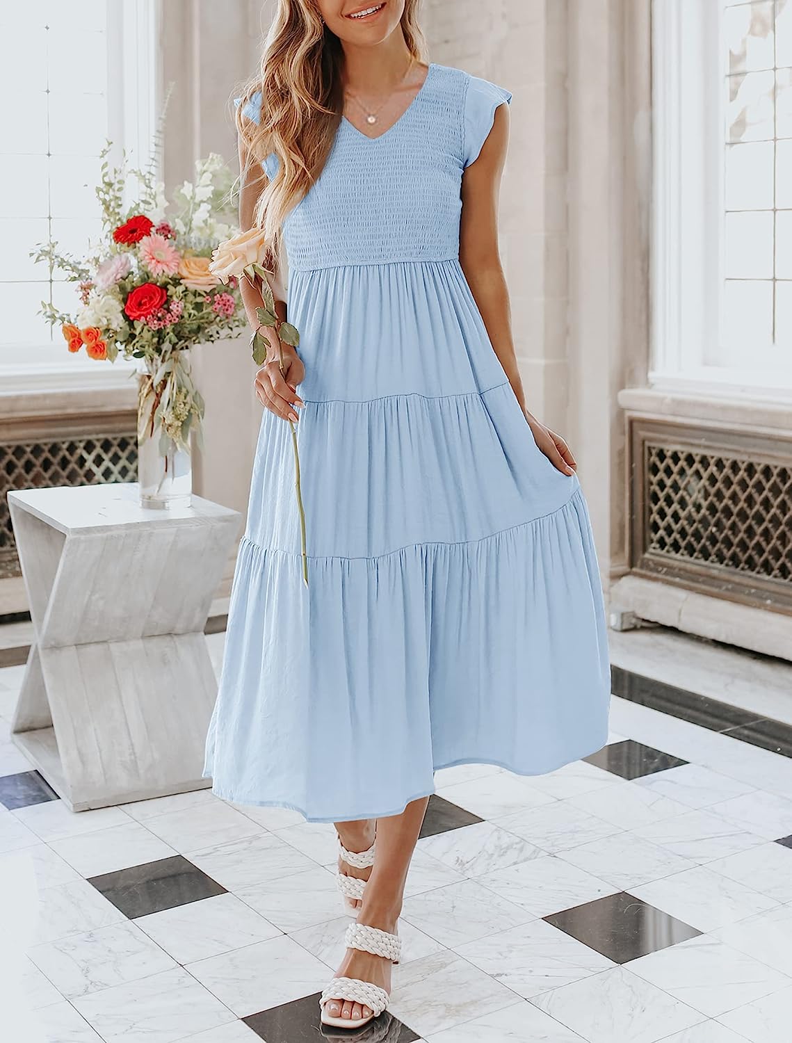 Women's Flutter Sleeve Smocked Midi Dress with Pockets CD442
