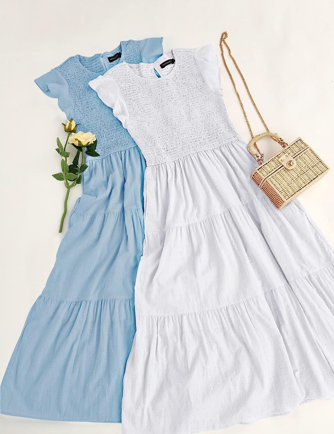 Women's Short Sleeve Smocked Midi Dress Crewneck CD448