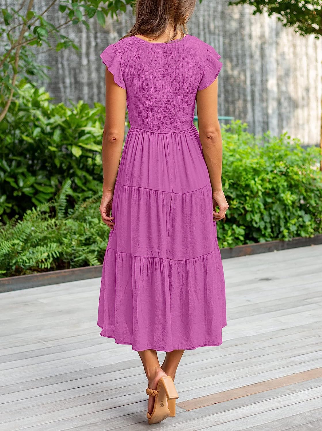 Women's Flutter Sleeve Smocked Midi Dress with Pockets CD447